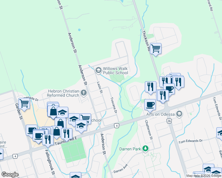 map of restaurants, bars, coffee shops, grocery stores, and more near 134 Toscana Drive in Whitby