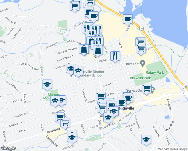 map of restaurants, bars, coffee shops, grocery stores, and more near 3 Fead Street in Orangeville