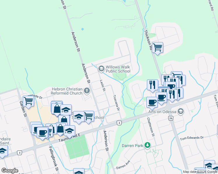 map of restaurants, bars, coffee shops, grocery stores, and more near 149 Toscana Drive in Whitby