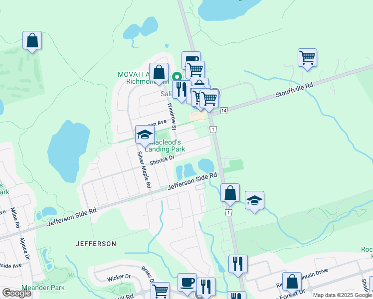 map of restaurants, bars, coffee shops, grocery stores, and more near 74 Shirrick Drive in Richmond Hill