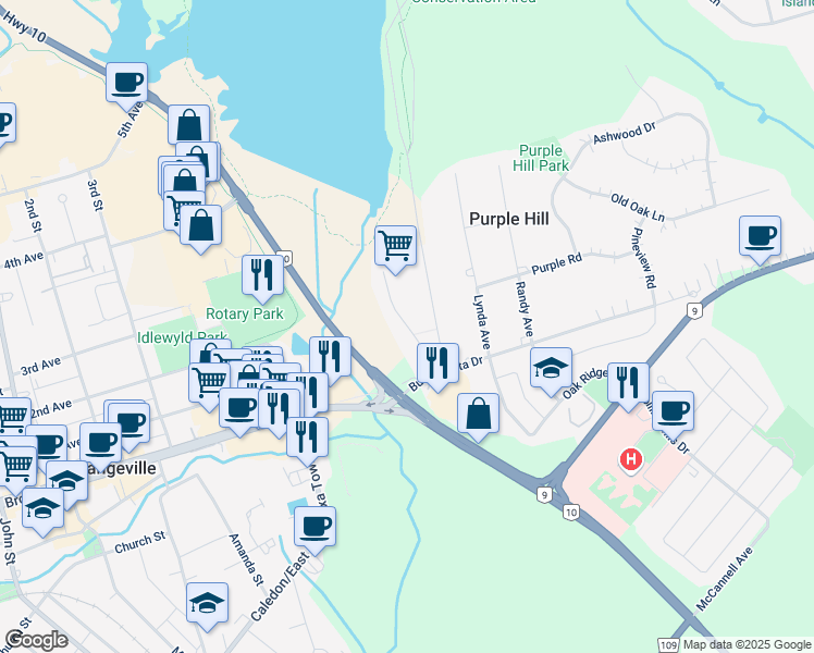 map of restaurants, bars, coffee shops, grocery stores, and more near Lakeview Court in Orangeville