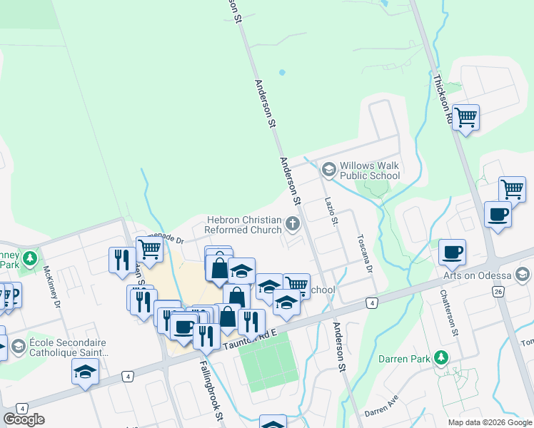 map of restaurants, bars, coffee shops, grocery stores, and more near 34 Promenade Drive in Whitby