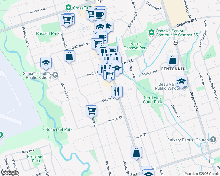 map of restaurants, bars, coffee shops, grocery stores, and more near 1000 Simcoe Street North in Oshawa