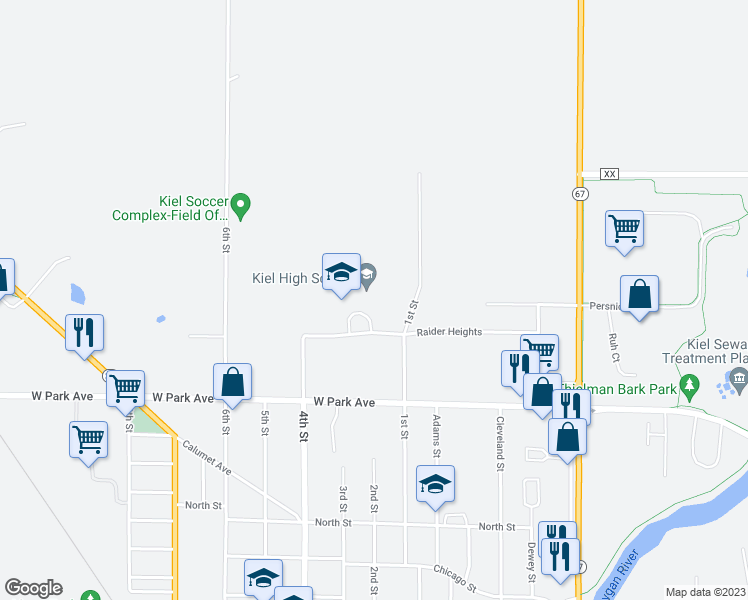 map of restaurants, bars, coffee shops, grocery stores, and more near 210 Raider Heights in Kiel