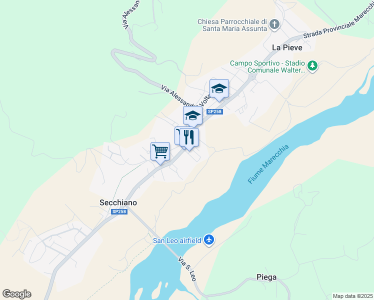 map of restaurants, bars, coffee shops, grocery stores, and more near Strada Statale Marecchia in Secchiano