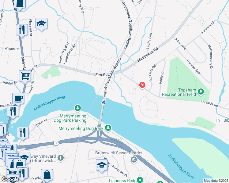 map of restaurants, bars, coffee shops, grocery stores, and more near 65 Elm Street in Topsham