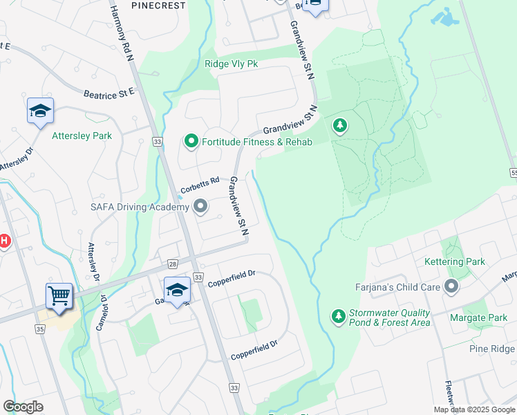map of restaurants, bars, coffee shops, grocery stores, and more near 715 Grandview Street North in Oshawa