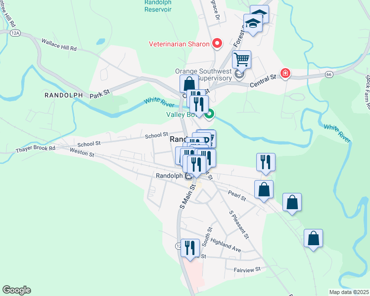 map of restaurants, bars, coffee shops, grocery stores, and more near in Randolph