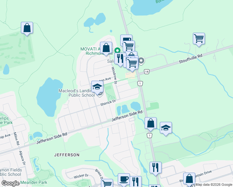 map of restaurants, bars, coffee shops, grocery stores, and more near 16 Windrow Street in Richmond Hill