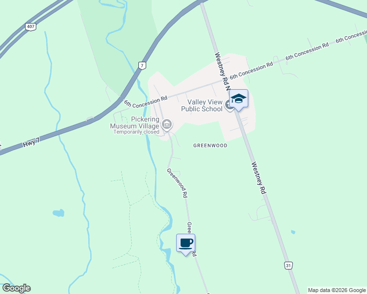 map of restaurants, bars, coffee shops, grocery stores, and more near 3551 Greenwood Road in Pickering