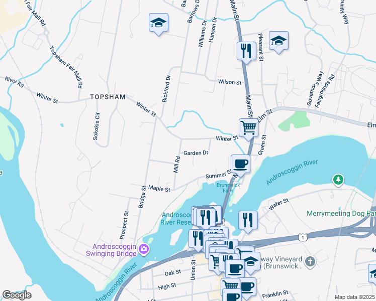 map of restaurants, bars, coffee shops, grocery stores, and more near 11 Garden Drive in Topsham