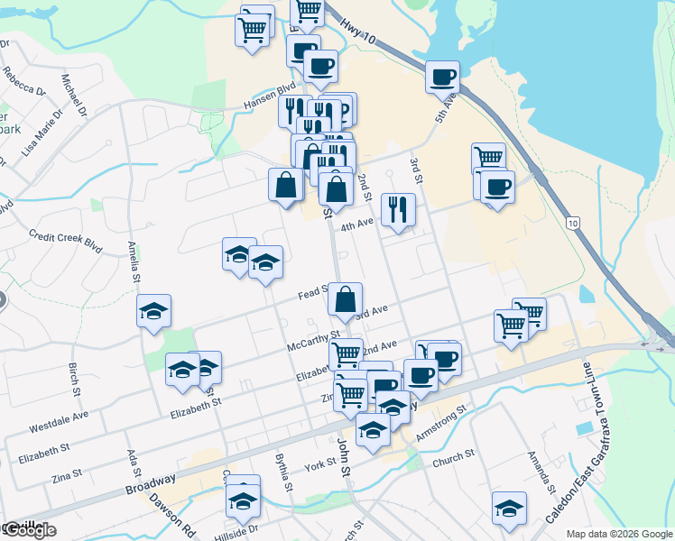map of restaurants, bars, coffee shops, grocery stores, and more near 56 1st Street in Orangeville