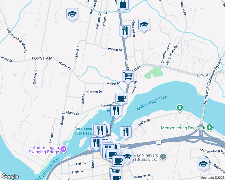 map of restaurants, bars, coffee shops, grocery stores, and more near 16 Winter Street in Topsham