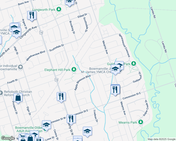 map of restaurants, bars, coffee shops, grocery stores, and more near 14 Elephant Hill Drive in Bowmanville