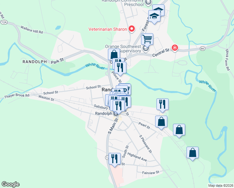 map of restaurants, bars, coffee shops, grocery stores, and more near 10 South Pleasant Street in Randolph