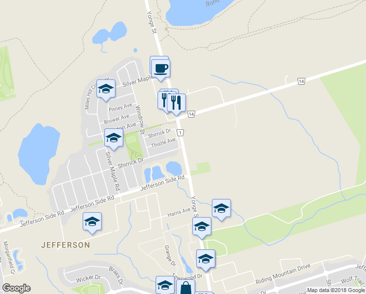 map of restaurants, bars, coffee shops, grocery stores, and more near 12085 Yonge Street in Richmond Hill