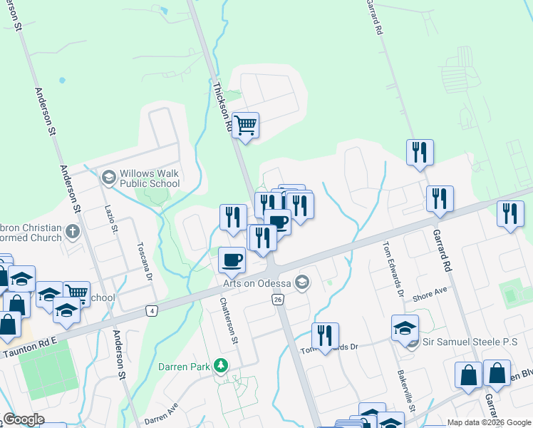 map of restaurants, bars, coffee shops, grocery stores, and more near 3 Gateway Court in Whitby