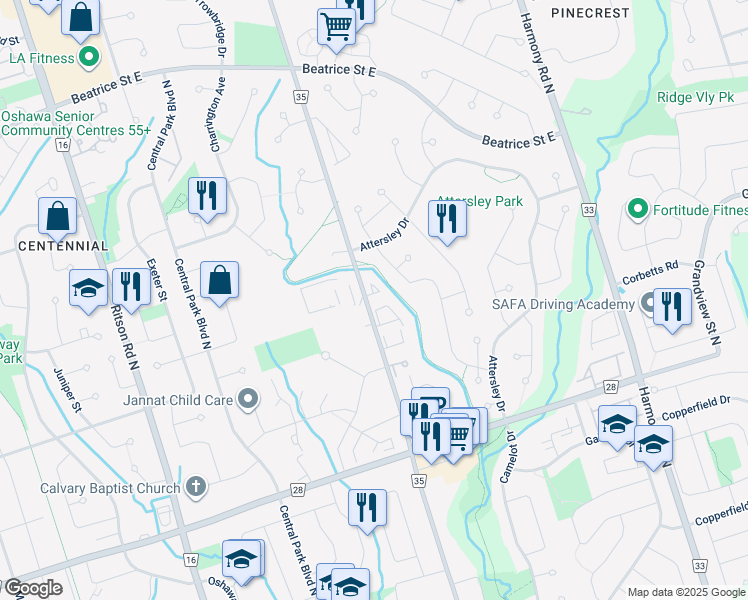 map of restaurants, bars, coffee shops, grocery stores, and more near 855 Durham Regional Road 35 in Oshawa