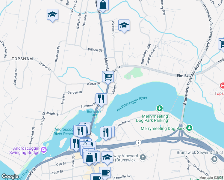 map of restaurants, bars, coffee shops, grocery stores, and more near 2 Green Street in Topsham