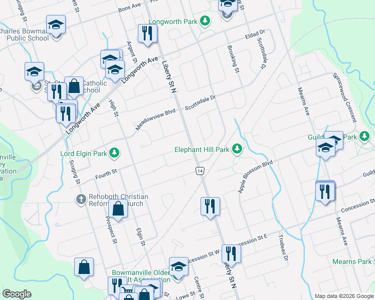 map of restaurants, bars, coffee shops, grocery stores, and more near in Bowmanville