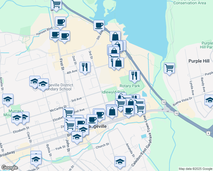 map of restaurants, bars, coffee shops, grocery stores, and more near 50 3rd Street in Orangeville