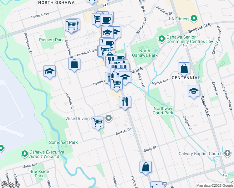 map of restaurants, bars, coffee shops, grocery stores, and more near 1050 Simcoe Street North in Oshawa