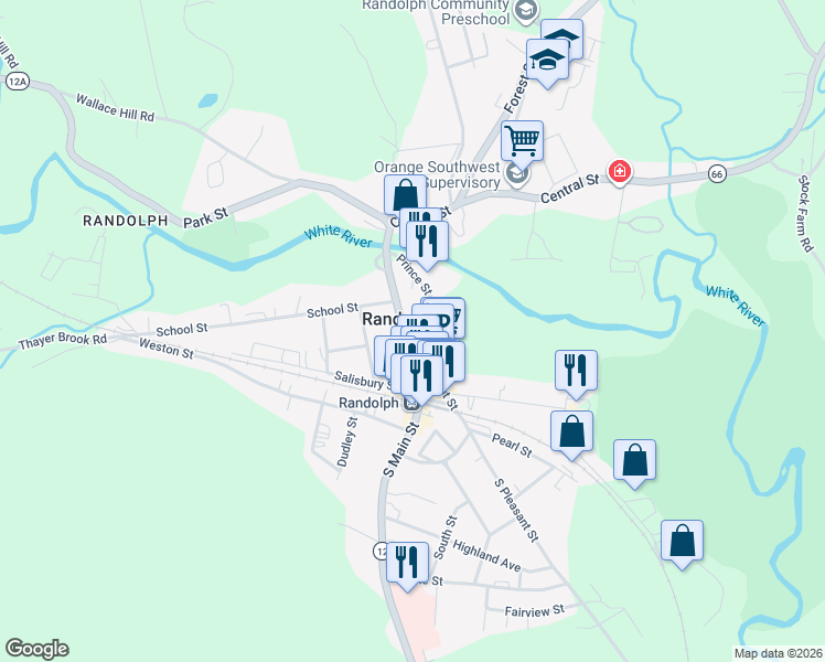 map of restaurants, bars, coffee shops, grocery stores, and more near 10 South Pleasant Street in Randolph