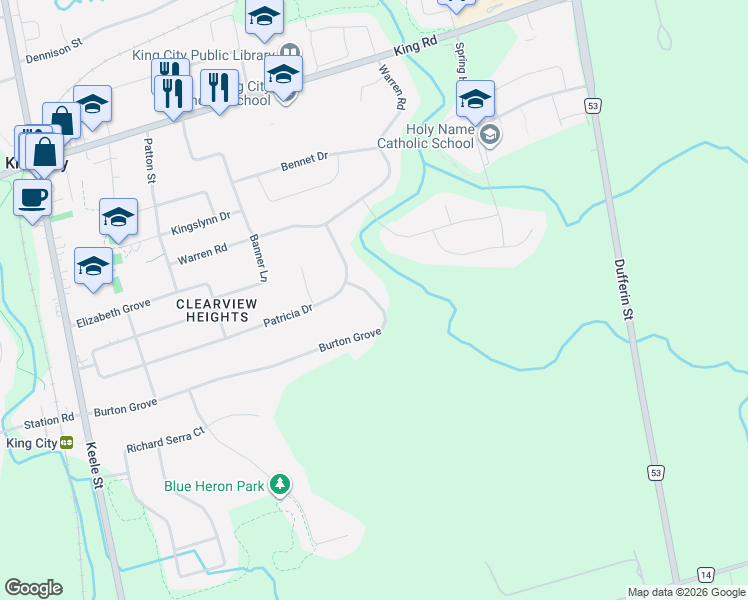 map of restaurants, bars, coffee shops, grocery stores, and more near 3 Burton Grove in King City