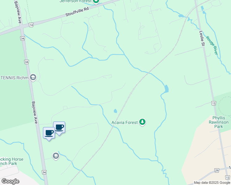 map of restaurants, bars, coffee shops, grocery stores, and more near 35 Country Heights Drive in Richmond Hill