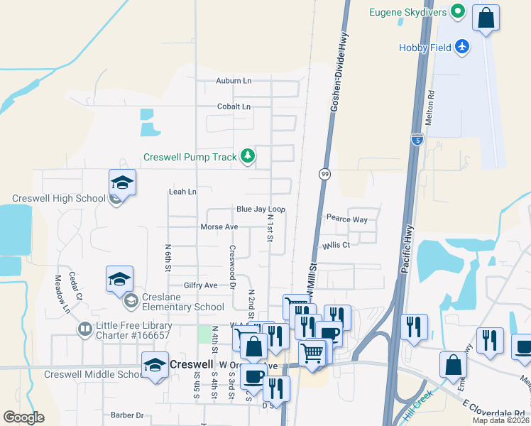 map of restaurants, bars, coffee shops, grocery stores, and more near 791 Blue Jay Loop in Creswell