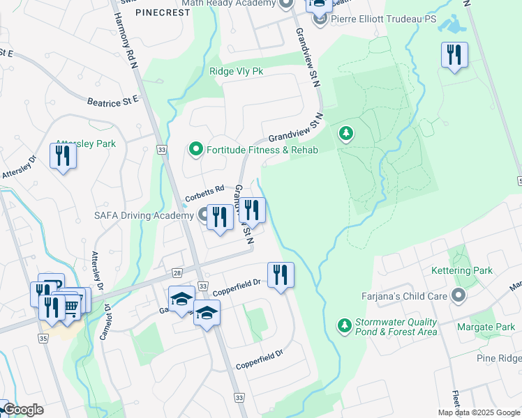 map of restaurants, bars, coffee shops, grocery stores, and more near in Oshawa