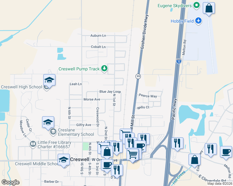map of restaurants, bars, coffee shops, grocery stores, and more near 791 Blue Jay Loop in Creswell
