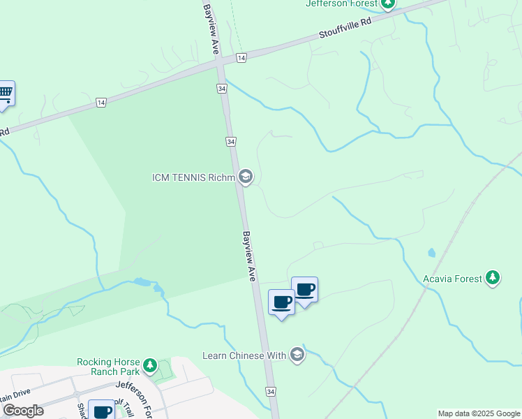 map of restaurants, bars, coffee shops, grocery stores, and more near 50 Forest Ridge Road in Richmond Hill