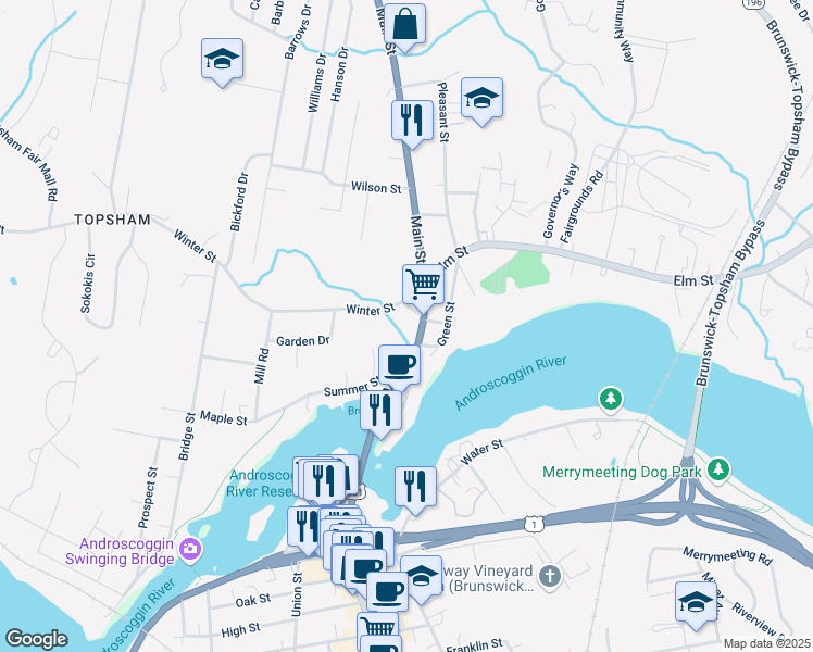 map of restaurants, bars, coffee shops, grocery stores, and more near 14 Main Street in Topsham