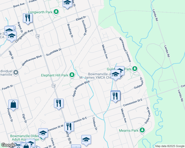 map of restaurants, bars, coffee shops, grocery stores, and more near 9 Ireland Street in Bowmanville