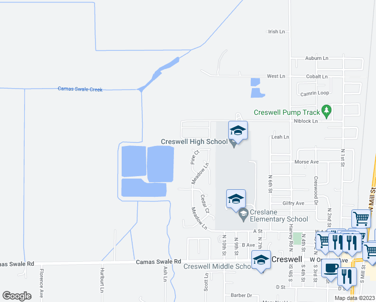 map of restaurants, bars, coffee shops, grocery stores, and more near 557 Pine Court in Creswell