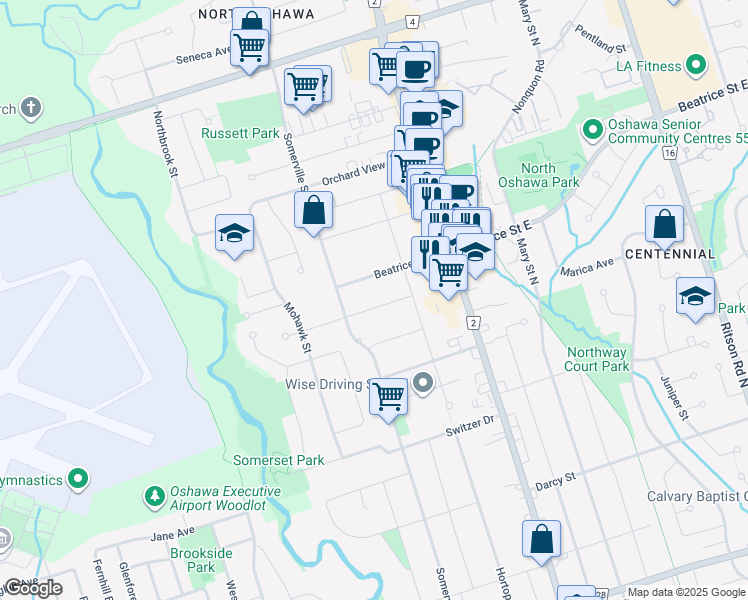 map of restaurants, bars, coffee shops, grocery stores, and more near 94 Pontiac Avenue in Oshawa
