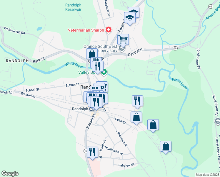 map of restaurants, bars, coffee shops, grocery stores, and more near 1-207 Prince Street in Randolph