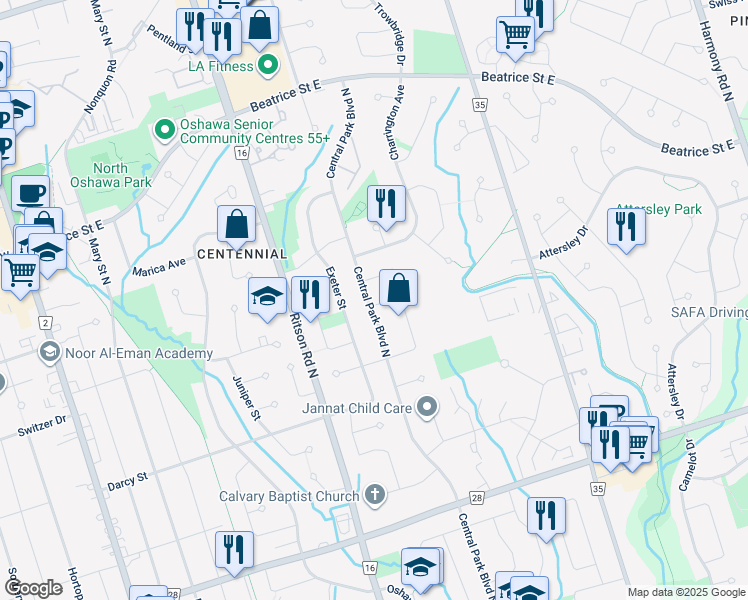 map of restaurants, bars, coffee shops, grocery stores, and more near 905 Central Park Boulevard North in Oshawa