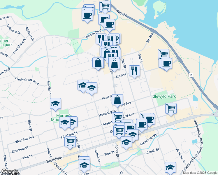 map of restaurants, bars, coffee shops, grocery stores, and more near in Orangeville