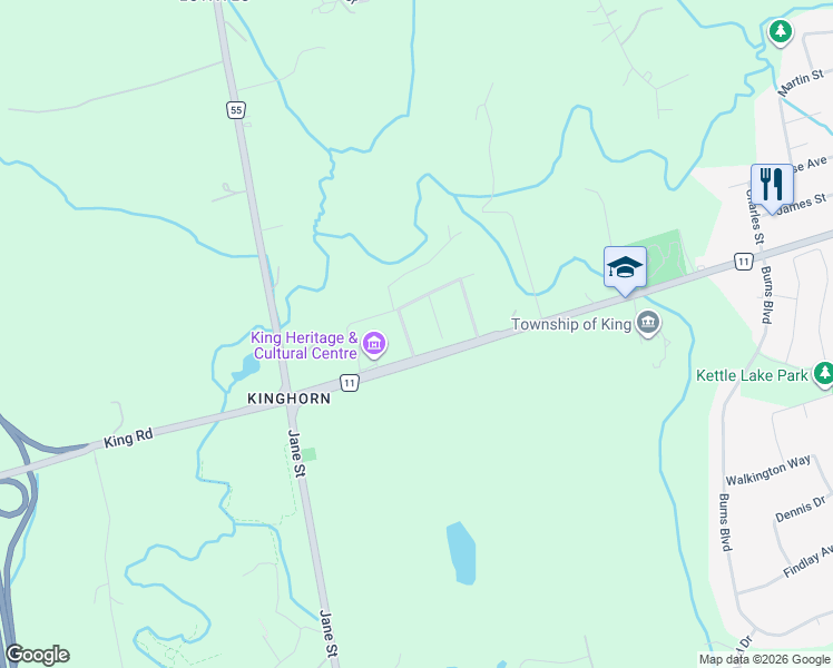 map of restaurants, bars, coffee shops, grocery stores, and more near 2890 York Regional Road 11 in King City