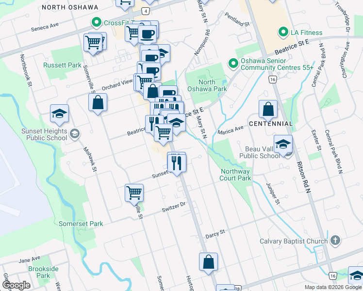 map of restaurants, bars, coffee shops, grocery stores, and more near 1011 Simcoe Street North in Oshawa