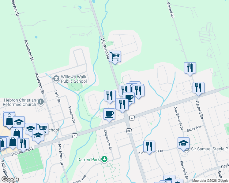 map of restaurants, bars, coffee shops, grocery stores, and more near 16 Edison Way in Whitby