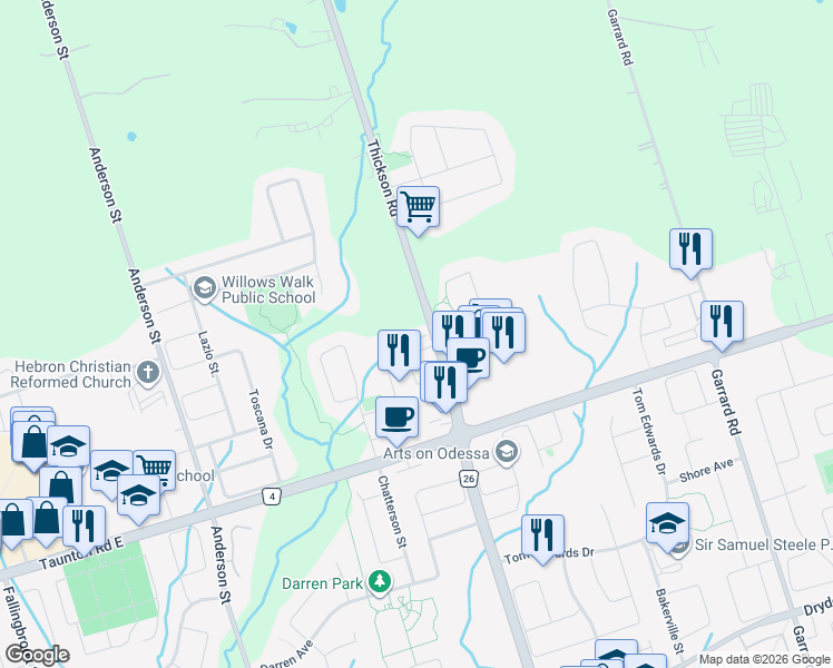 map of restaurants, bars, coffee shops, grocery stores, and more near in Whitby