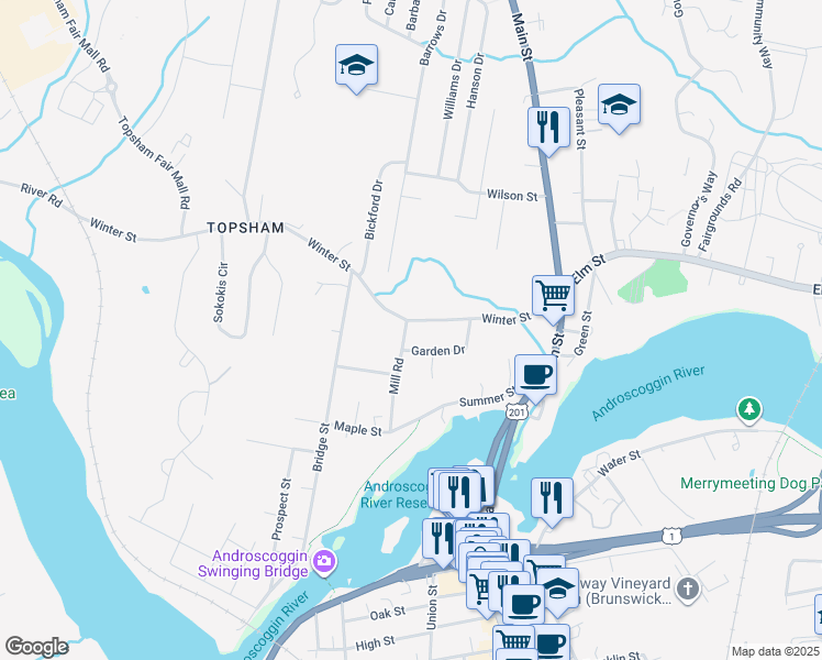 map of restaurants, bars, coffee shops, grocery stores, and more near 11 Garden Drive in Topsham