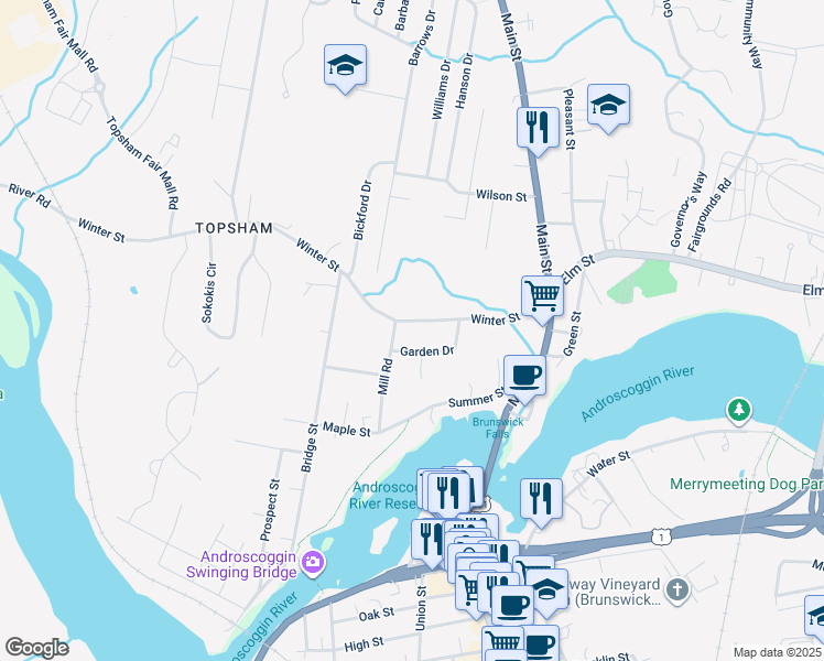 map of restaurants, bars, coffee shops, grocery stores, and more near 11 Garden Drive in Topsham