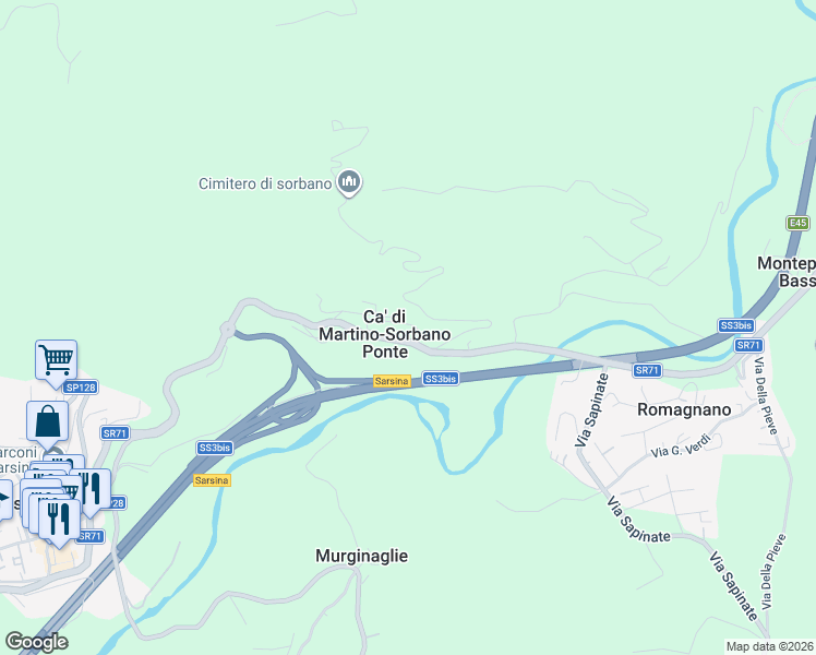 map of restaurants, bars, coffee shops, grocery stores, and more near 31 Via Sorbano in Ca' di Martino-Sorbano Ponte