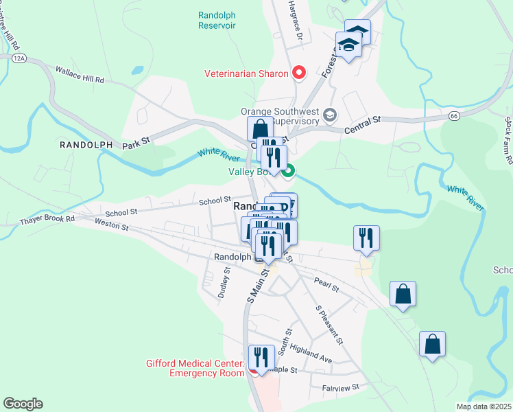 map of restaurants, bars, coffee shops, grocery stores, and more near in Randolph