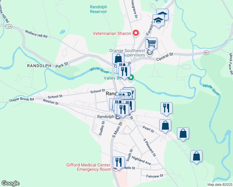 map of restaurants, bars, coffee shops, grocery stores, and more near in Randolph