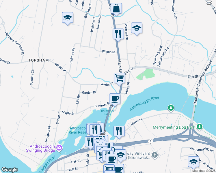 map of restaurants, bars, coffee shops, grocery stores, and more near 16 Winter Street in Topsham